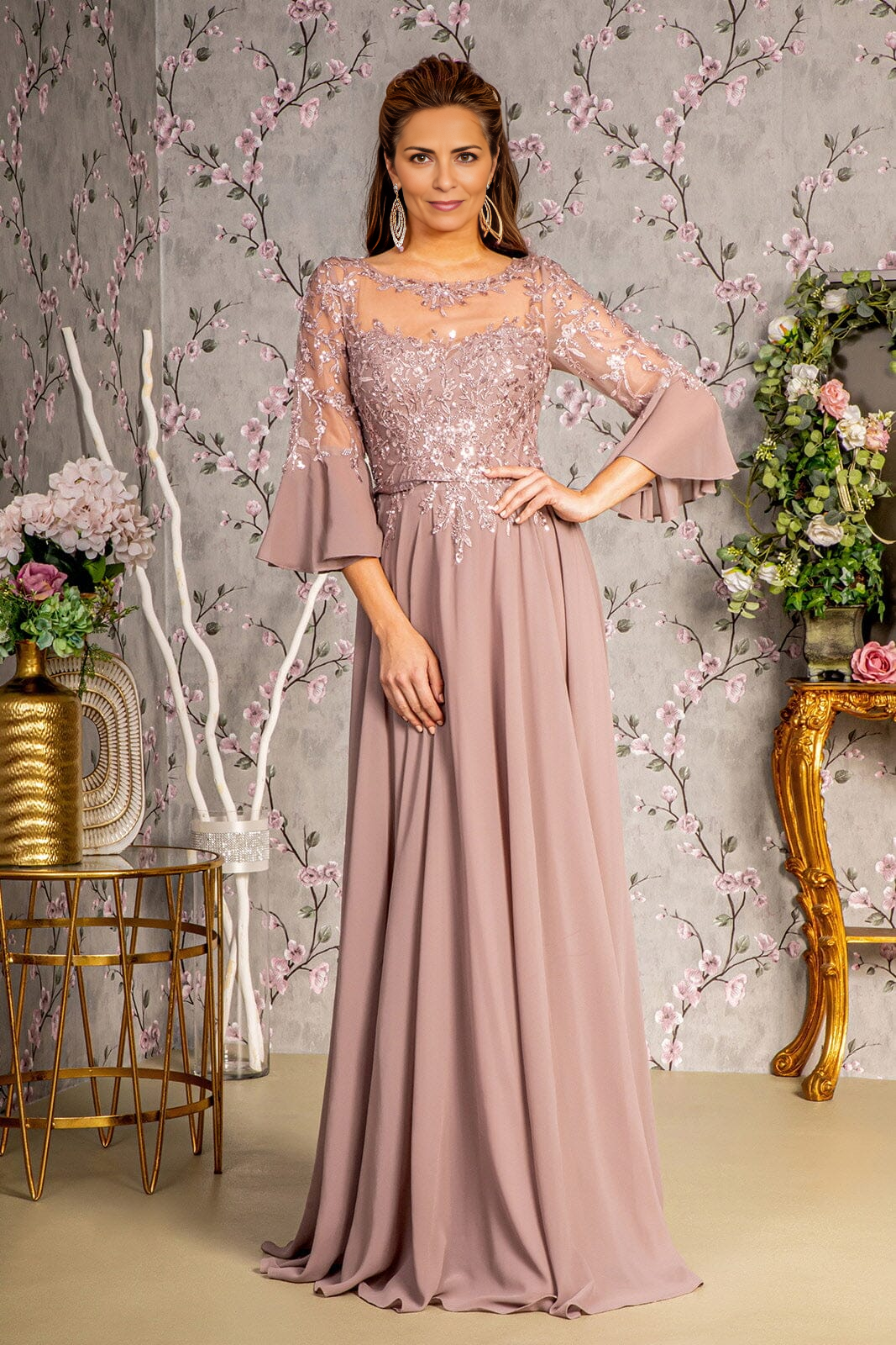 Beaded Chiffon 3/4 Sleeve A-line Chiffon Mother of the Bride Dresse