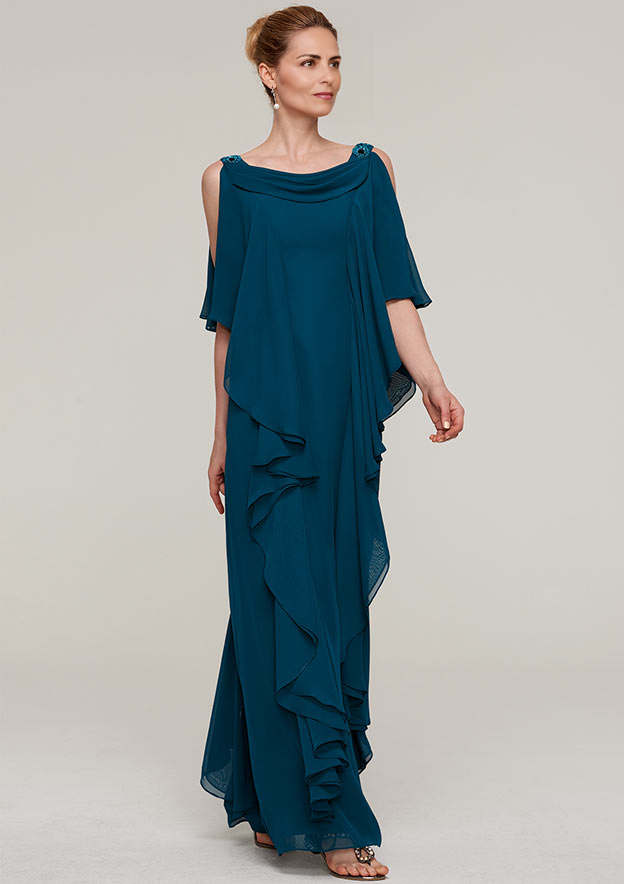 SheathColumn Cowl Neck Sleeveless Floor-Length Chiffon Mother of the Bride Dresses With Beading Ruffles