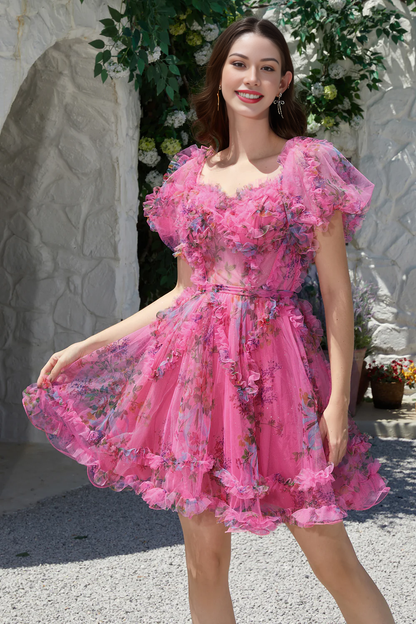 Beautiful A Line Off the Shoulder Fuchsia Tulle Short Homecoming Dress with Short Sleeves