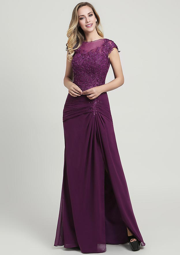 Chiffon Mother of the Bride Dress Bateau Long/Floor-Length With Split Appliqued Pleated Sequins