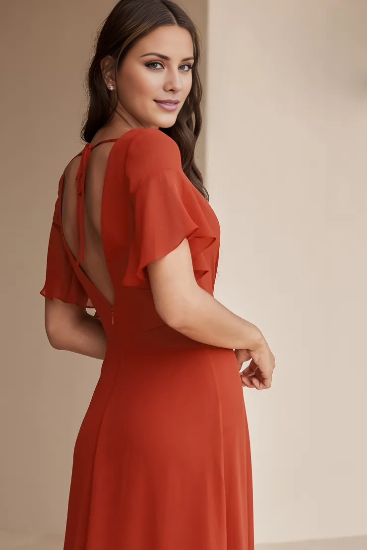 V-neck short-sleeved backless floor-length bridesmaid dress