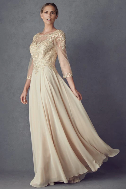 Lace Applique 3/4 Sleeve Floor-length Chiffon Mother of the Bride Dresse