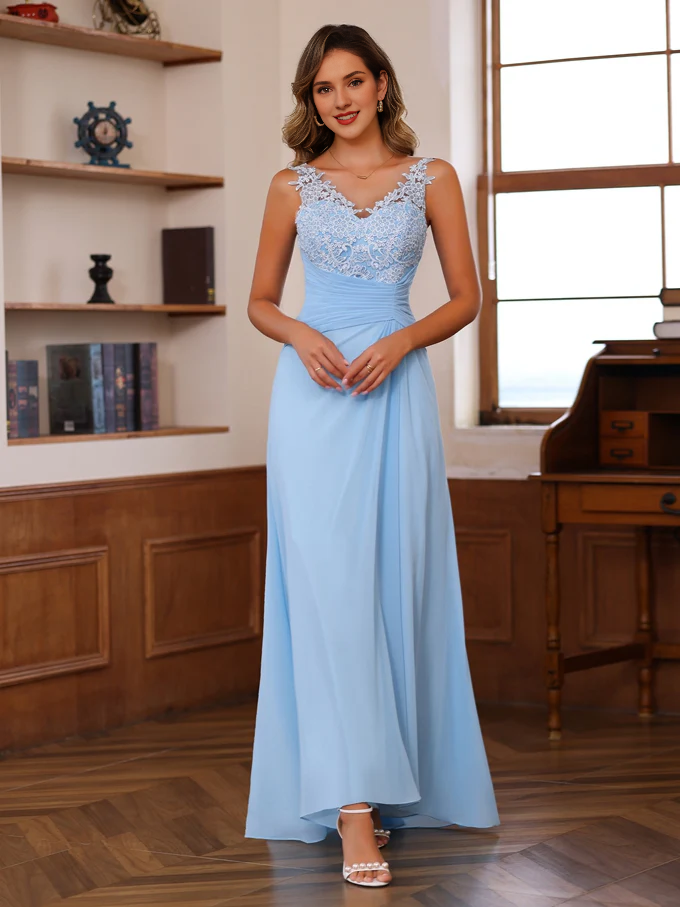 A-line/princess V-neck and ground length strap with appliqu ruffle edge mother of the bride dress