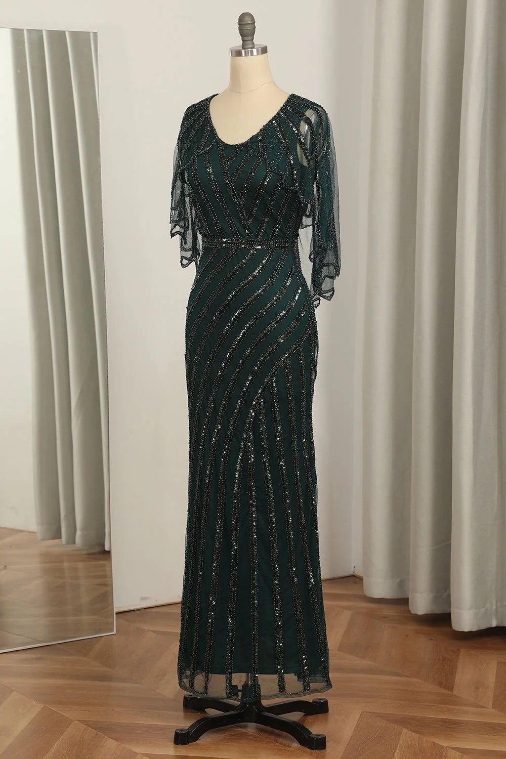 Dark Green Sequined Scoop Neck Long Mother of Bride Dress 1920s Dress