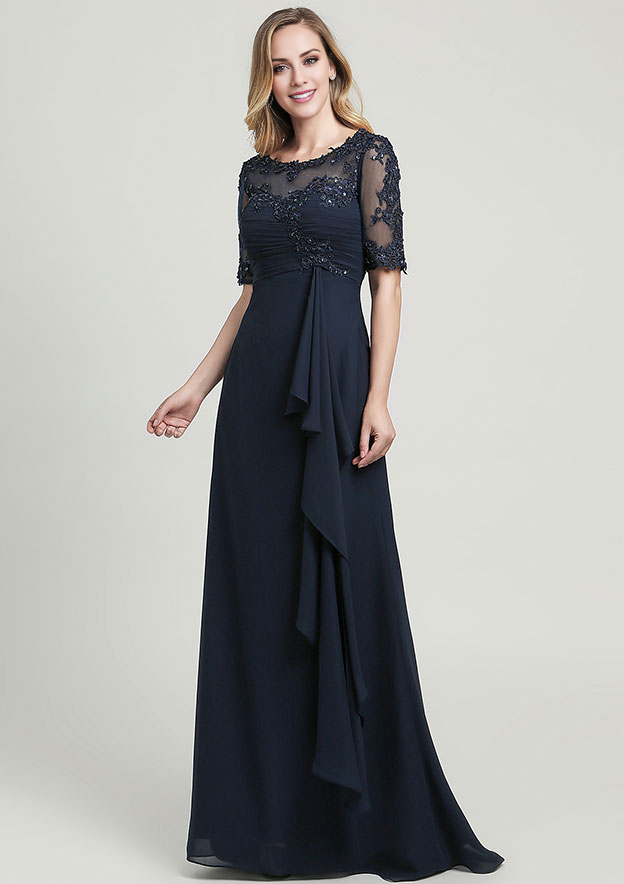 Chiffon Mother of the Bride Dress Scoop Neck Half Sleeve Floor-Length With Sequins Appliqued Pleated