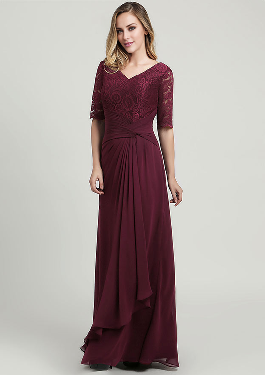 Mother of the Bride Dress A-line V Neck Half Sleeve Long With Ruffles Pleated Lace