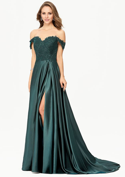 A-line Off-the-Shoulder Sleeveless Evening Dress Train Prom Dress With Lace Split