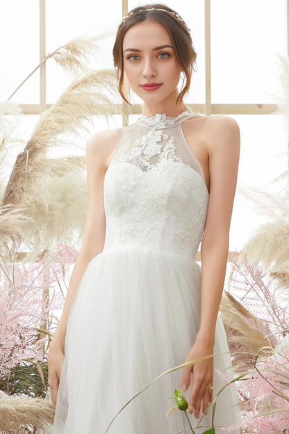 Elegant White Halter Neck Wedding Dress Lace Tulle Long Dress