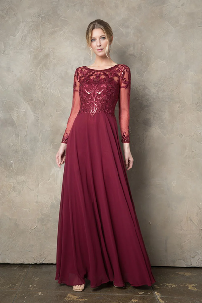 Sequin Embroidered Long Sleeve A-line Chiffon Mother of the Bride Dresse