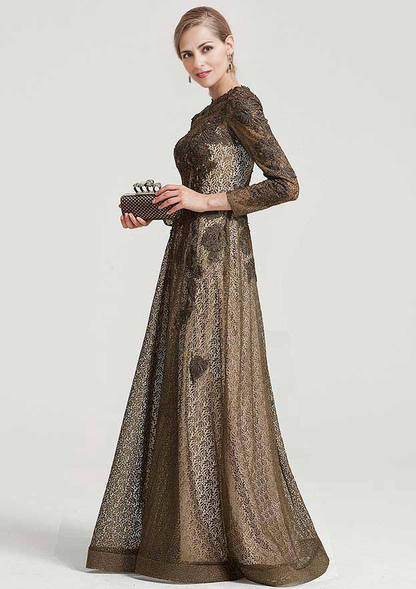 Scoop Neck 3/4 Sleeve Long Lace Mother of the Bride Dress With Appliqued