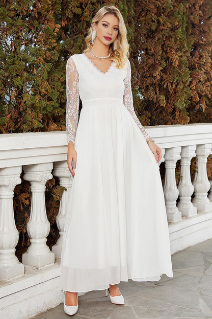 White A-Line V-Neck Chiffon Lace Wedding Dress With Long Sleeves