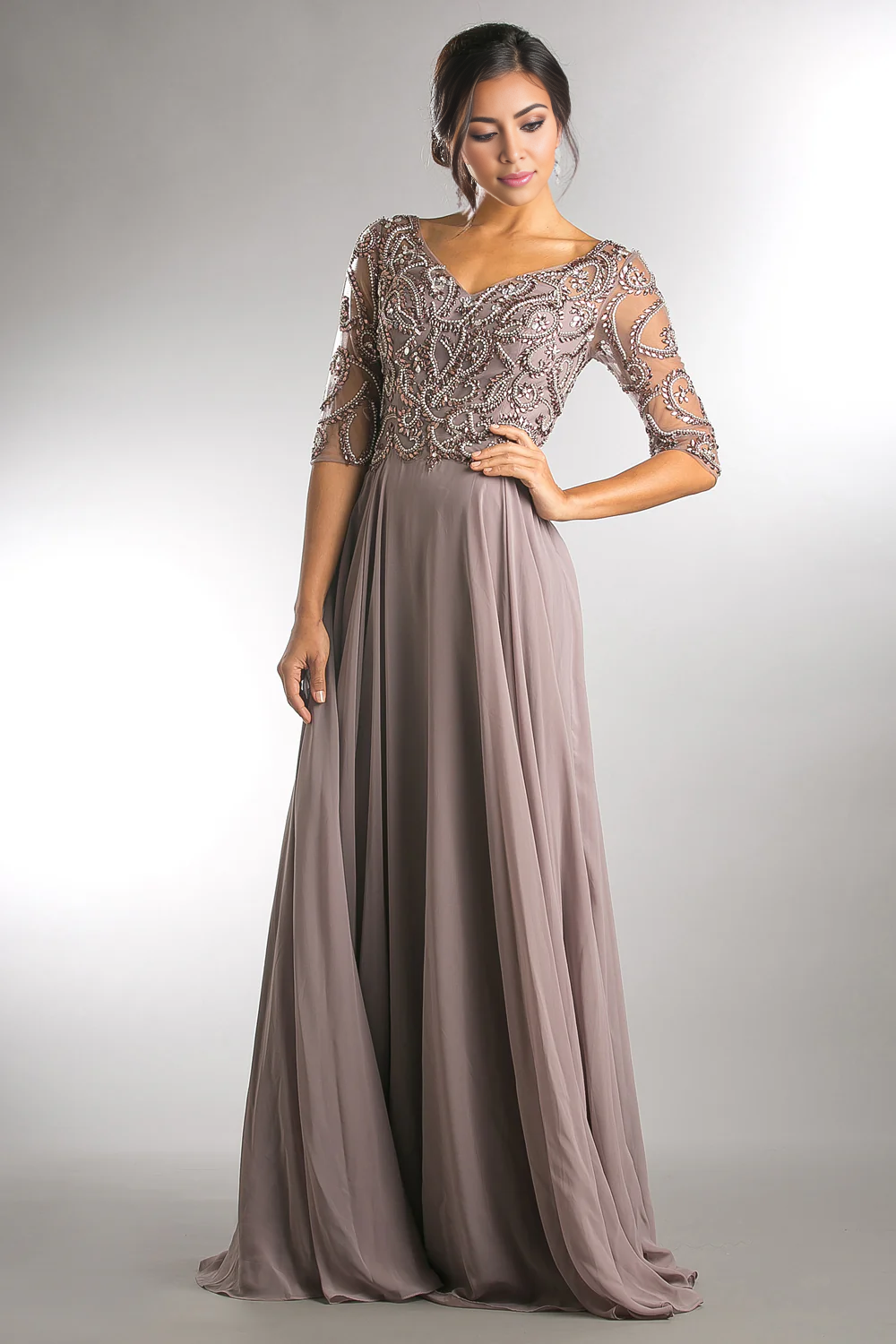 Beaded 3/4 Sleeve V-Neck Chiffon Mother of the Bride Dresse