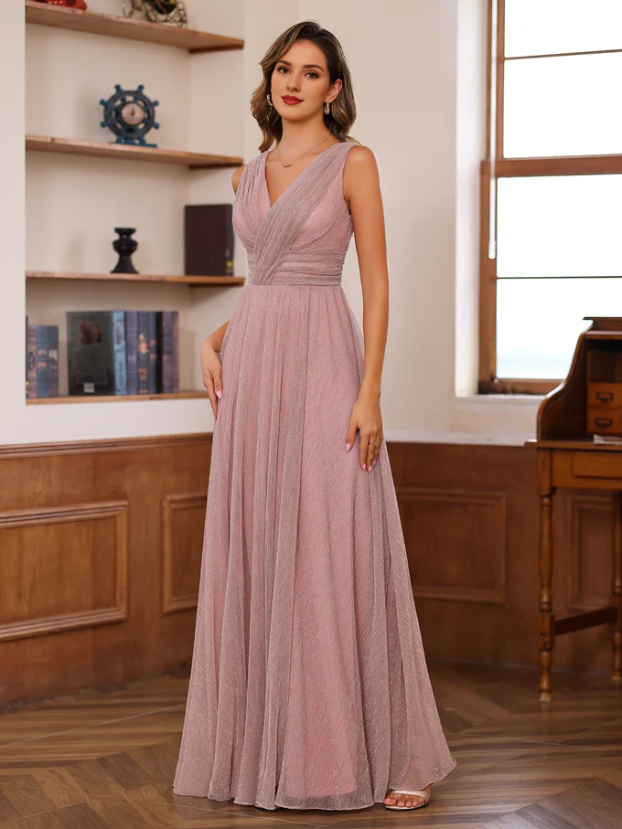 A-shaped princess V-neck sleeveless and unique ground length ruffled mother of the bride dress