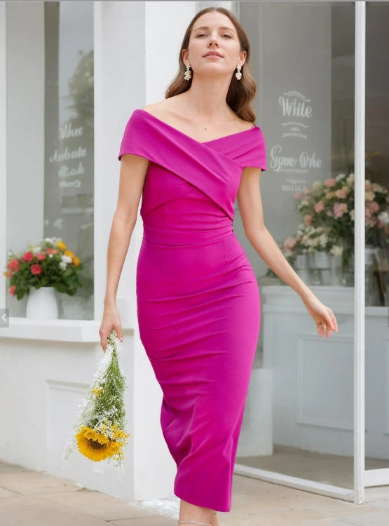 A-Line Cocktail Dresses Wedding Guest Tea Length Off Shoulder Fall Wedding Guest Stretch Crepe with Criss Cross