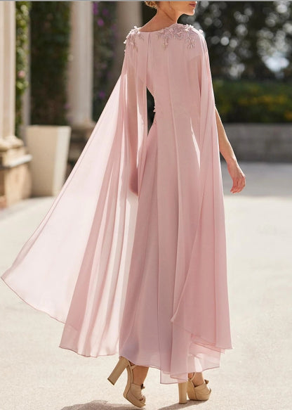 A-Line Pink Cocktail Dresses Wedding Guest Ankle Length Long Sleeve V Neck Capes Chiffon with Appliques