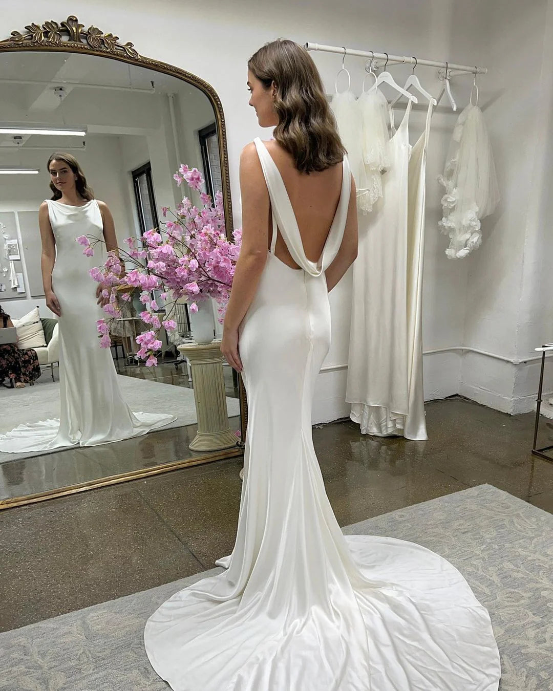 Mermaid Cowl Neck Silk Satin Long Wedding Dresses