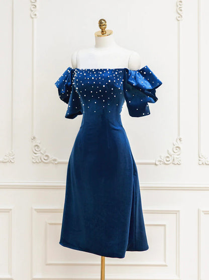 Blue Velvet Beads Short Prom Dress Cocktail Dress Homecoming Dress