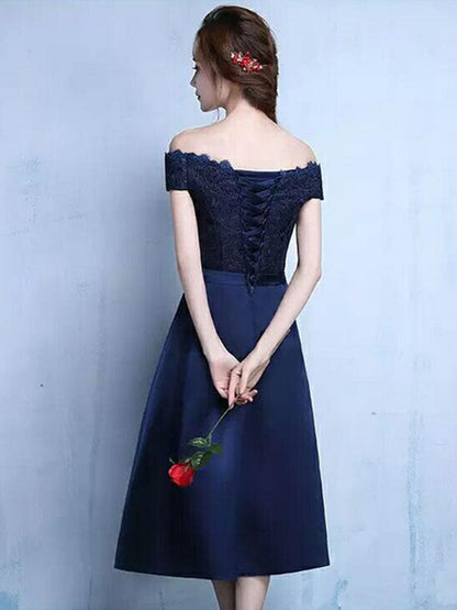 Satin Sweetheart A Line Tea Length Graduation Dress With Bow Sash Lace Cocktail Dress Off The Shoulder Prom Dress