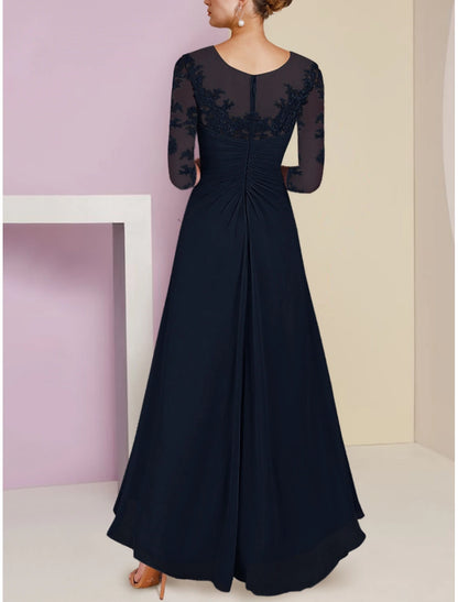 A-Line Mother of the Bride Dress Scoop Neck Asymmetrical Chiffon 3/4 Length Sleeve with Lace Sequin Ruching