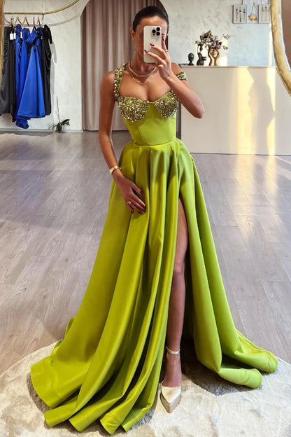 Off-the-Shoulder Olive Green Evening Dresses Prom Dresses A-Line Long Slit With Sequins