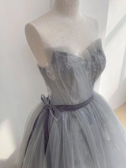 Gray Tulle Lace Sweet 16 Dress Long Prom Dress Ballgown