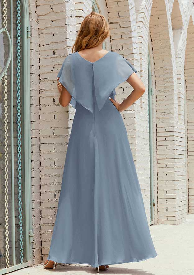 A-line Short Sleeve V Neck Chiffon Mother of the Bride Dress With Pleated