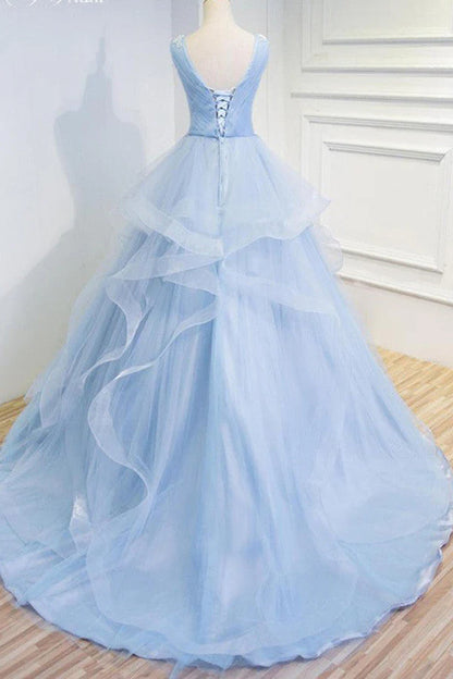 Sweetheart Blue Organza V Neck Ruffles Appliques Prom Dress Quinceanera Dresses