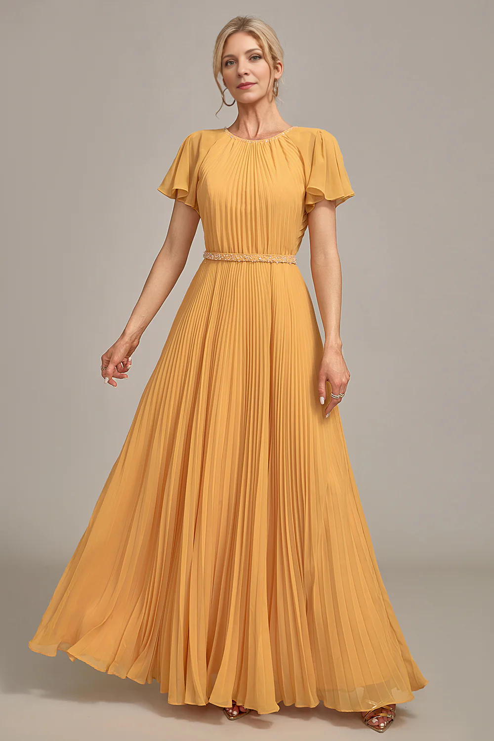 A-Line Round Neck Pleated Floor-length Mother of Bride Dress With Short Sleeves