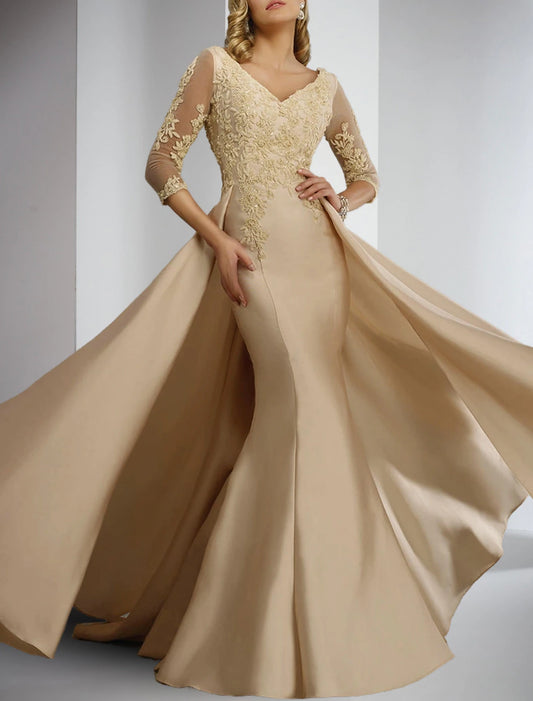 Sheath / Column Mother of the Bride Dress Wedding Guest Floor Length Satin Lace 3/4 Length Sleeve with Appliques