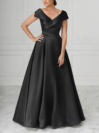 A-Line V-Neck Satin Long Mother Of The Bride Dresses With Ruched