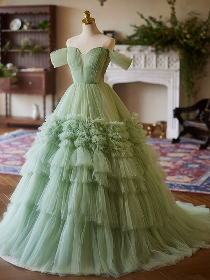 A-Line Off Shoulder Sweet 16 Dress Tulle Green Quinceanera Dress Long Prom Dress