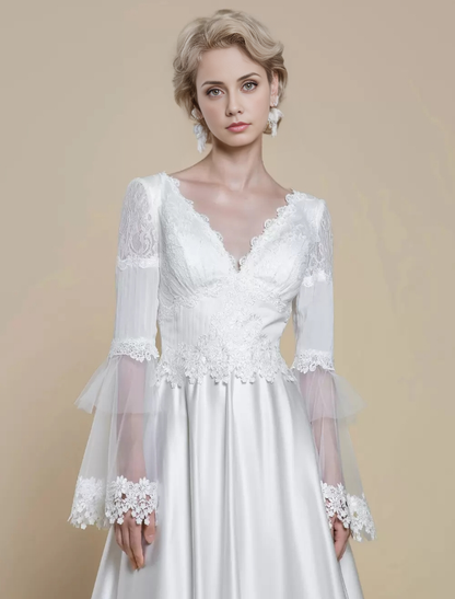 A-Line Boho Wedding Dress Lace Ball Gown With Train Backless Long Sleeves V-Neck Ivory