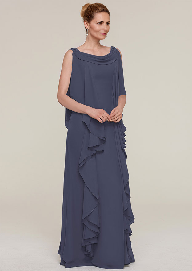 SheathColumn Cowl Neck Sleeveless Floor-Length Chiffon Mother of the Bride Dresses With Beading Ruffles