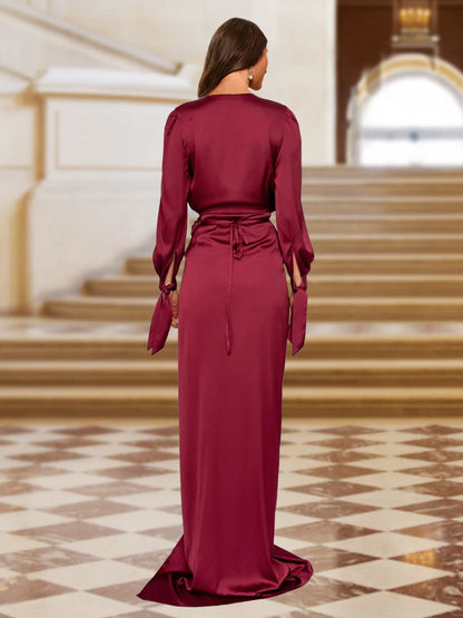 Tight column cross V-neck long sleeved pleated wrap with slit evening gown