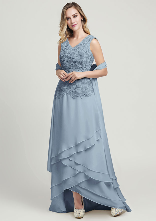 A-line Chiffon Mother of the Bride Dress V Neck Sleeveless Asymmetrical With Lace