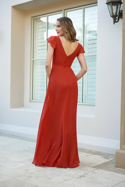 V-neck short sleeved backless side slit and floor length evening gown