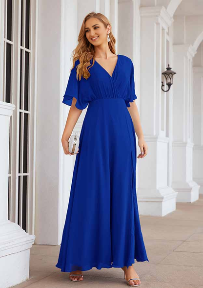 A-line V Neck Chiffon Ankle-Length Mother of the Bride Dress With Pleated Split