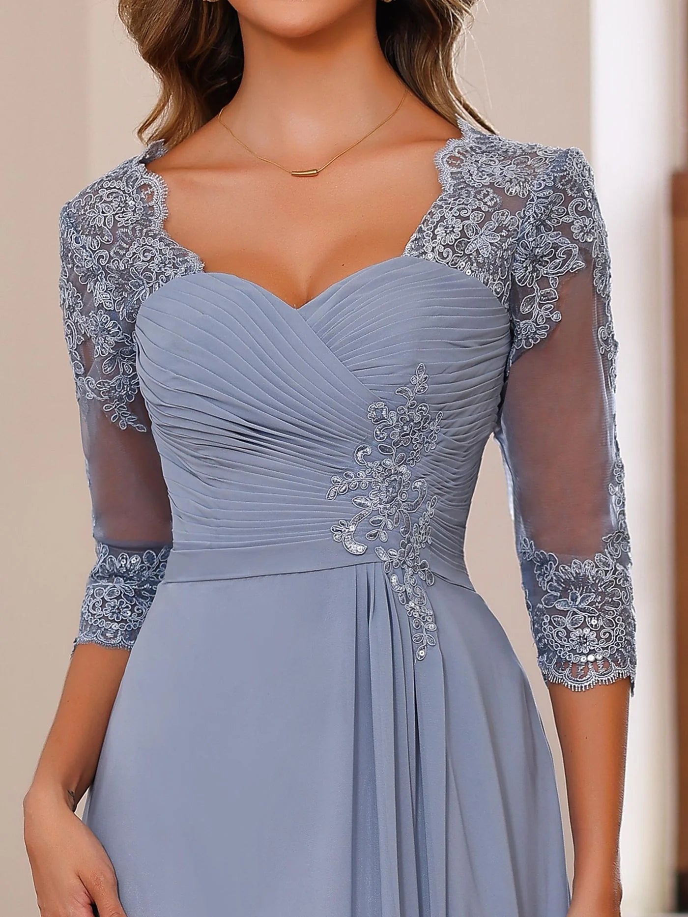 A-line/Princess Sweetheart collar 3/4 long sleeved and floor length lace ruffled mother of the bride dress