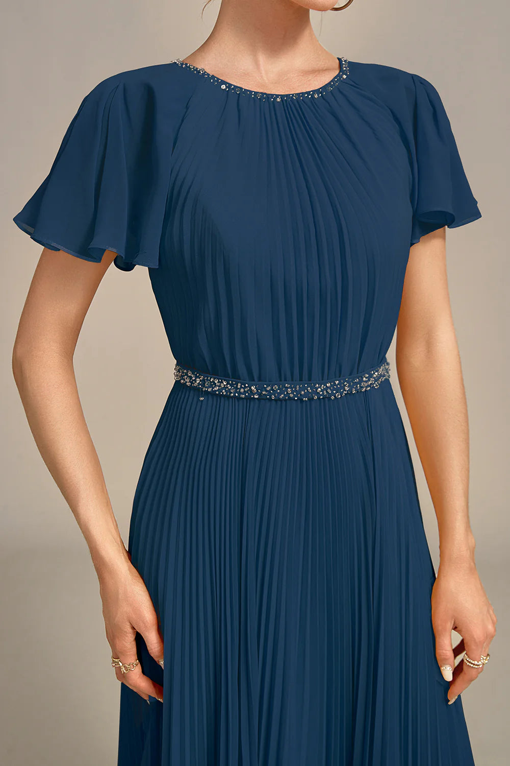 A-Line Round Neck Pleated Floor-length Mother of Bride Dress With Short Sleeves