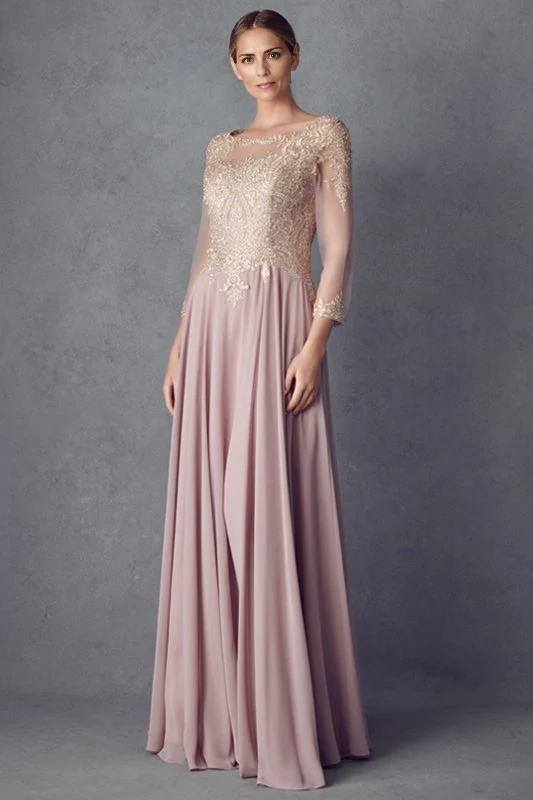 Lace Applique 3/4 Sleeve Floor-length Chiffon Mother of the Bride Dresse