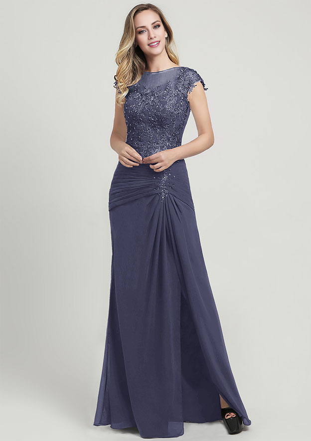 Chiffon Mother of the Bride Dress Bateau Long/Floor-Length With Split Appliqued Pleated Sequins