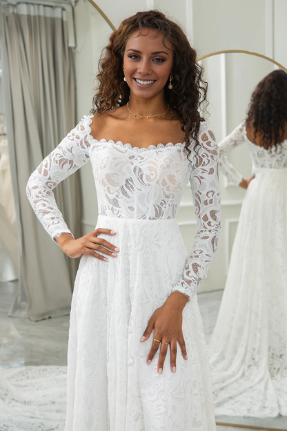 Ivory A-Line Lace Wedding Dress Sweep Train Dress with Sleeves