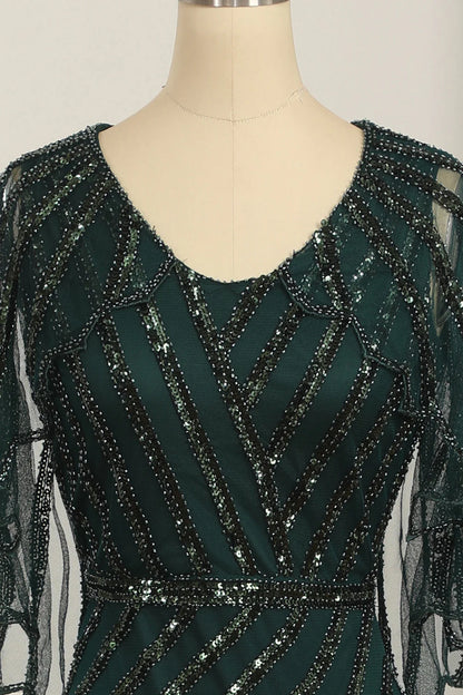 Dark Green Sequined Scoop Neck Long Mother of Bride Dress 1920s Dress