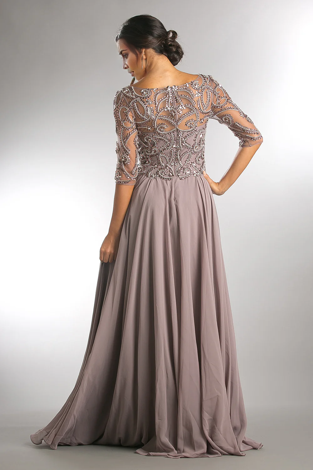 Beaded 3/4 Sleeve V-Neck Chiffon Mother of the Bride Dresse