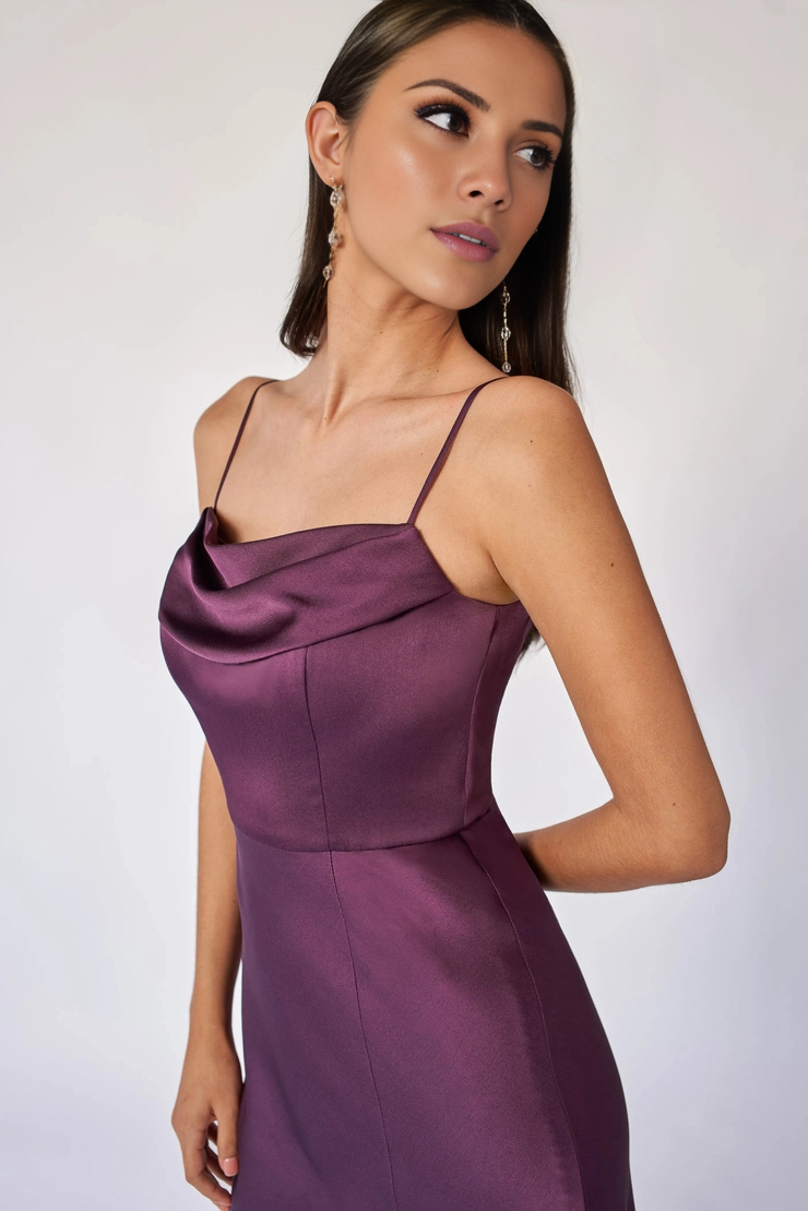 Thin shoulder strap satin backless side slit and floor length evening gown