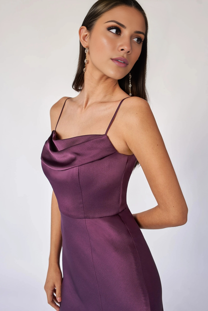 Thin shoulder strap satin backless side slit and floor length evening gown