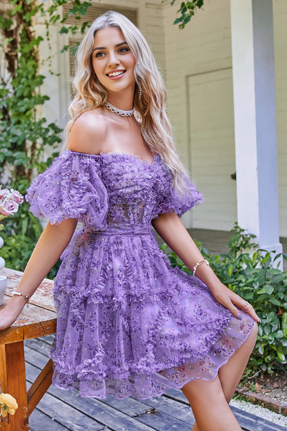 Off the Shoulder A Line Printed Tulle Cute Homecoming Dress