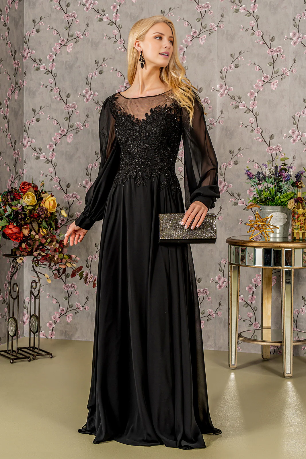 Embroidered Long Sleeve A-line Chiffon Mother of the Bride Dresse