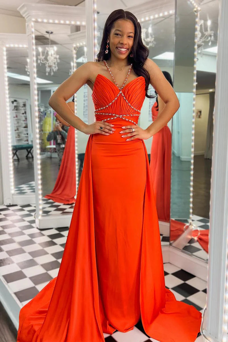 Orange Halter Beaded Long Prom Dresses with Train