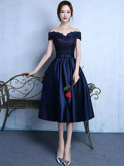 Satin Sweetheart A Line Tea Length Graduation Dress With Bow Sash Lace Cocktail Dress Off The Shoulder Prom Dress